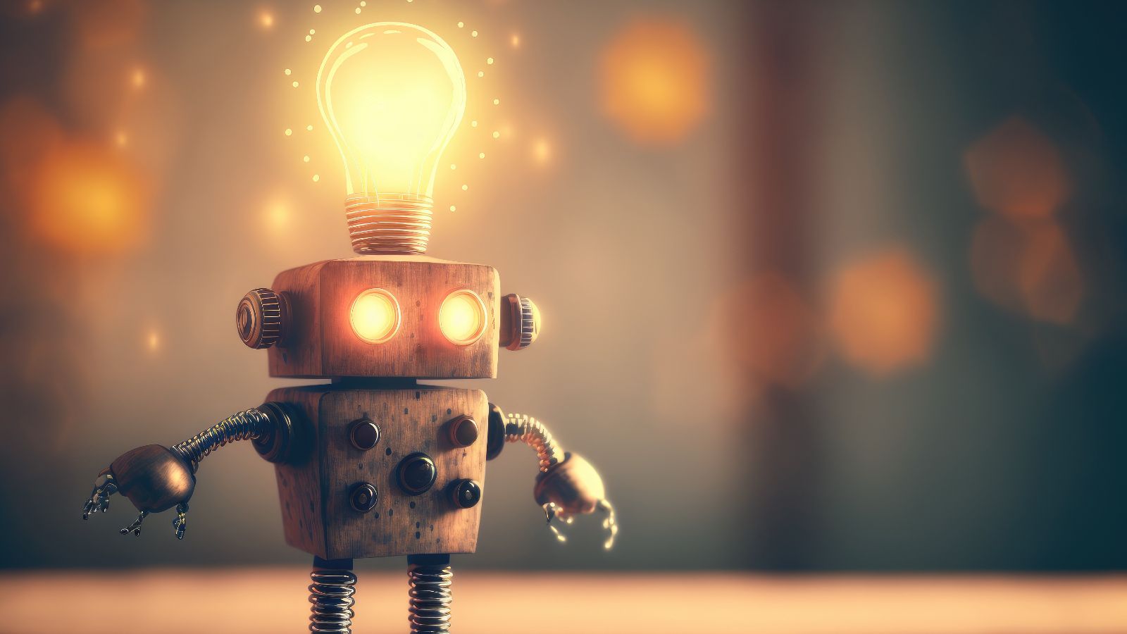 Ein kleiner Metall-Roboter steht auf einer Fläche und hat eine leuchtende Glühbirne auf dem Kopf
