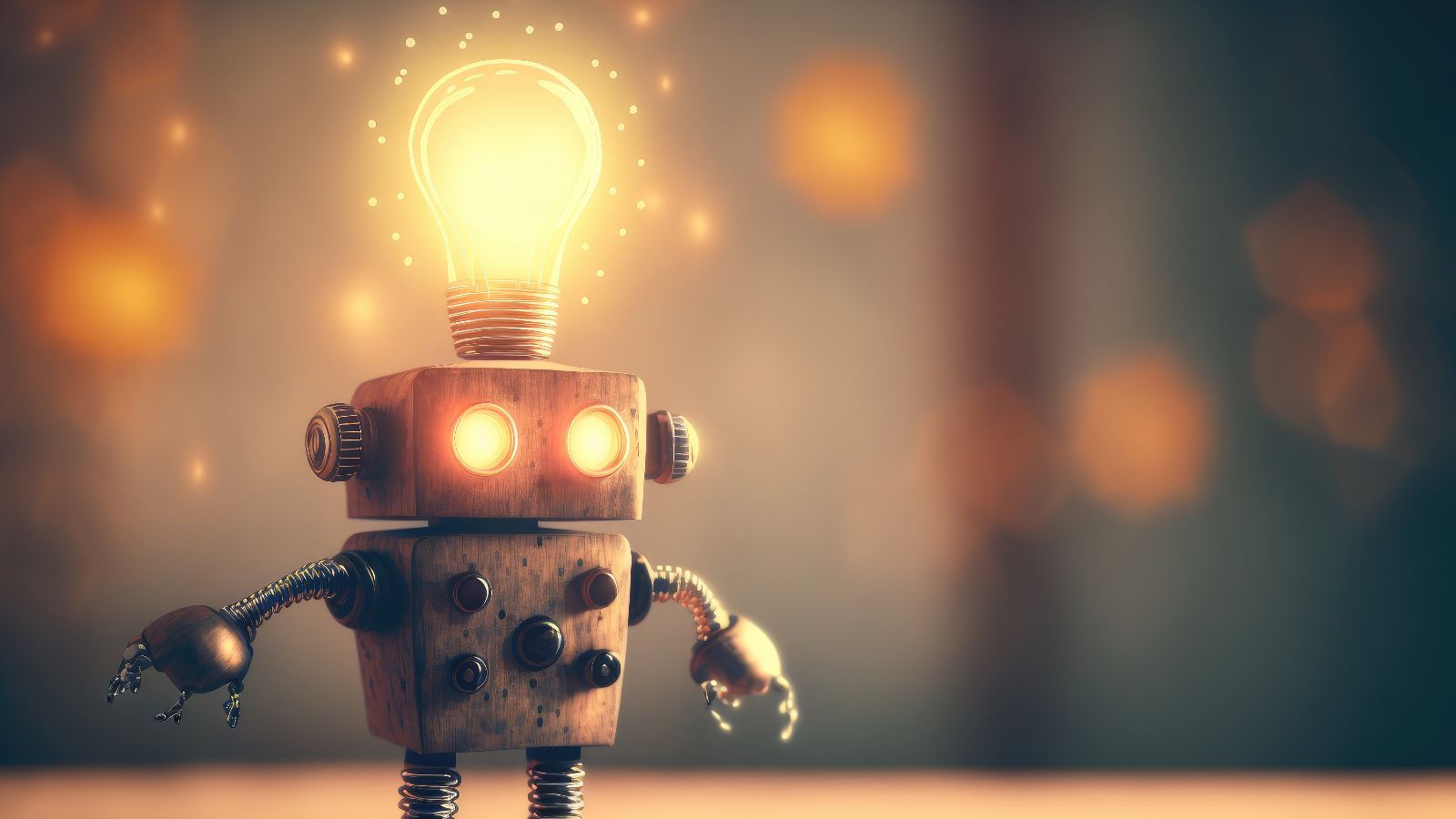 Ein kleiner Metall-Roboter steht auf einer Fläche und hat eine leuchtende Glühbirne auf dem Kopf