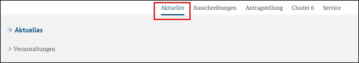 Das Bild zeigt die Navigation der Seite zu Aktuelles.