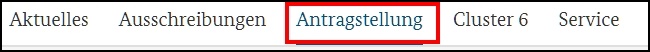 Das Bild zeigt die Navigation der Webseite im Bereich Antragstellung