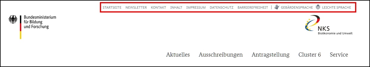 Die Navigation der Internetseite im Bereich Auswahlliste.