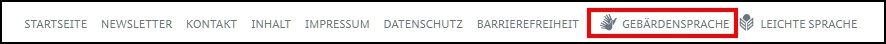 Das Bild zeigt die Navigation der Seite zur Gebärdensprache.
