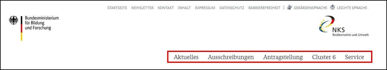 Das Bild zeigt die Navigation der Seite zum Hauptbereich.