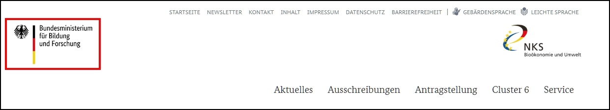 Das Bild zeigt die Navigation der Seite zum BMBF-Logo.
