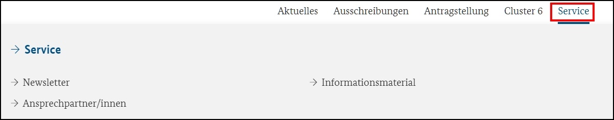 Das Bild zeigt die Navigation der Seite zum Service.