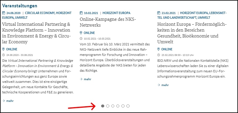 Das Bild zeigt die Navigation der Seite zu den Veranstaltungen.